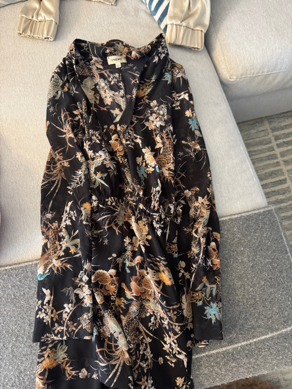 L'AGENCE Black Floral and Tan Printed Blouse